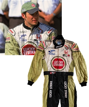 Jacques Villeneuves 2001 Lucky Strike BAR Honda F1 Team Signed Worn Suit (Lucky Strike Sponsorship) with His Signed LOA