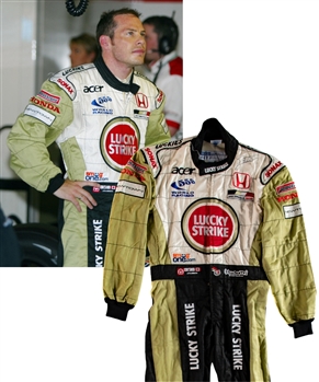 Jacques Villeneuves 2002 Lucky Strike BAR Honda F1 Team Signed Worn Suit (Lucky Strike Sponsorship) with His Signed LOA