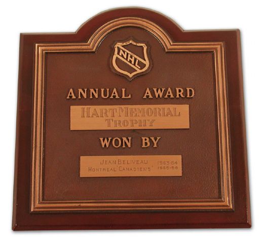 1963-64 Hart Memorial Trophy Plaque Presented to Jean Beliveau (11" x 10")