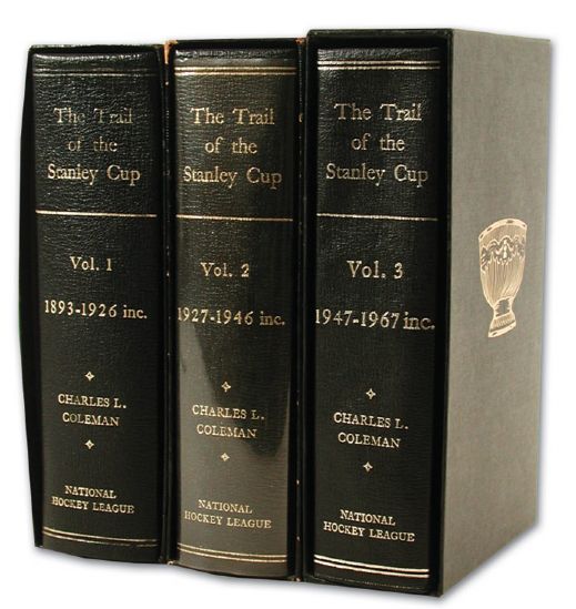 Jean Beliveaus Personal Three Volume Leather Bound Set of "The Trail of the Stanley Cup"