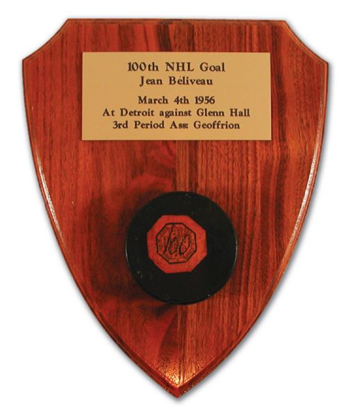 Jean Beliveaus 1955-56 100th NHL Goal Puck
