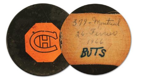 Jean Beliveaus 1965-66 379th NHL Goal Puck to Tie Ted Lindsay