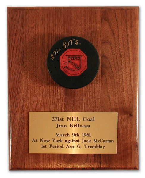 Jean Beliveaus 1960-61 271st NHL Goal Puck to Pass Morenz & Joliat
