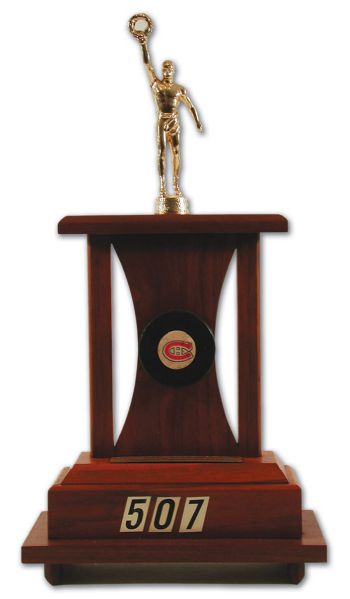Jean Beliveaus 507th (Last) NHL Goal Puck Trophy (22")