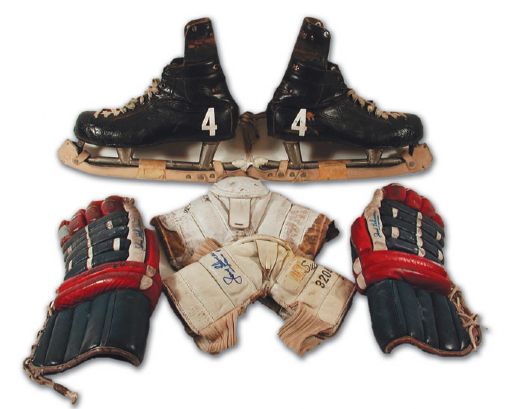 Jean Beliveaus Circa Late-1960s Autographed Game Used Skates, Gloves & Elbow Pads