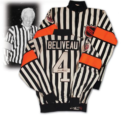 Jean Beliveaus 1992-93 Autographed Oldtimers Referees Jersey, Shin Guards and Whistle