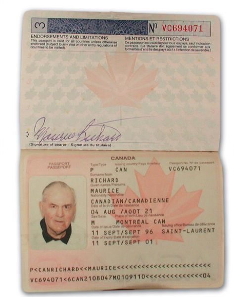 Maurice Richards Last Passport and Drivers License