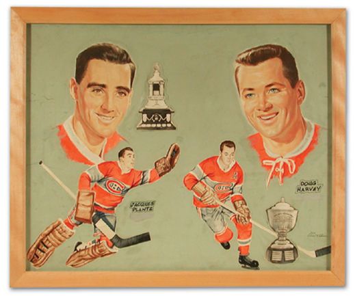 Tex Coulter Original 1950s Framed Artwork of Jacques Plante and Doug Harvey (26" x 22")