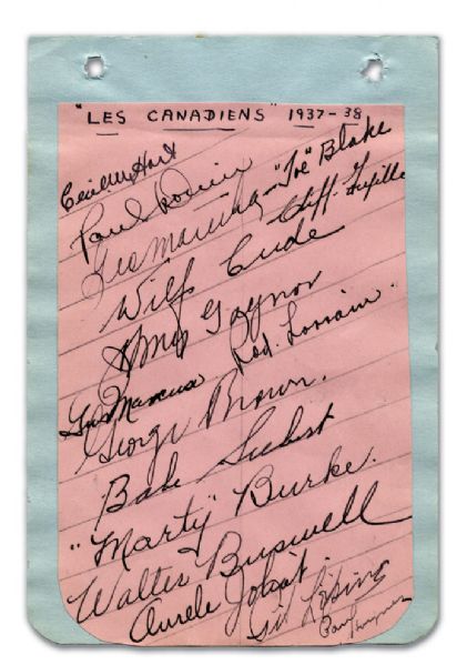 1937-38 Montreal Canadiens Team Signed Page
