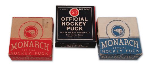 Collection of Three Vintage Hockey Pucks in their Original Boxes