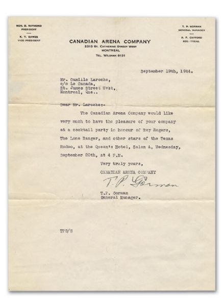 1944 Letter Signed by Hall-of-Famer Tommy Gorman