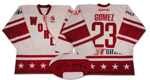 Scott Gomezs Autographed Game Worn Jersey from the Igor Larionov Farewell Game