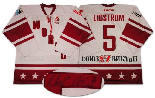 Nicklas Lidstroms Autographed Game Worn Jersey from the Igor Larionov Farewell Game