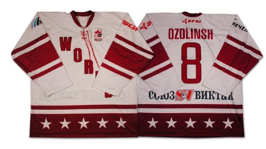 Sandis Ozolinshs Game Worn Jersey from the Igor Larionov Farewell Game