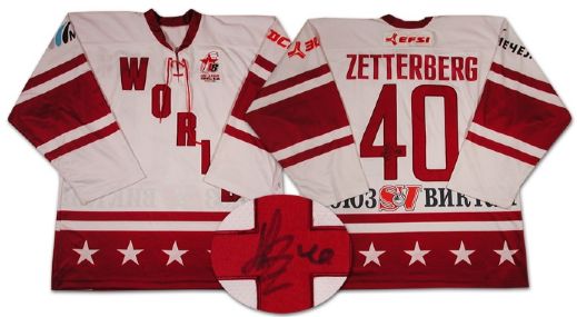 Henrik Zetterbergs Autographed Game Worn Jersey from the Igor Larionov Farewell Game