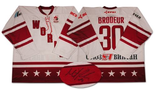 Martin Brodeurs Autographed Game Worn Jersey from the Igor Larionov Farewell Game  ADDENDUM