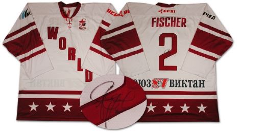 Jiri Fischers Autographed Game Worn Jersey from the Igor Larionov Farewell Game