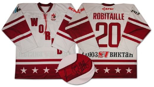 Luc Robitailles Autographed Game Worn Jersey from the Igor Larionov Farewell Game