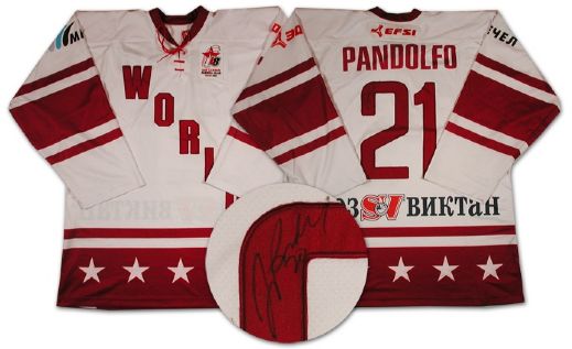 Jay Pandolfos Autographed Game Worn Jersey from the Igor Larionov Farewell Game