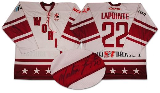Martin Lapointes Autographed Game Worn Jersey from the Igor Larionov Farewell Game