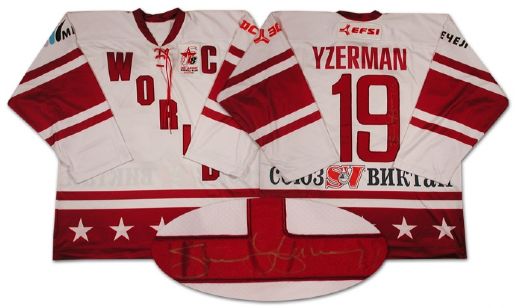 Steve Yzermans Autographed Game Worn "Team World" Jersey from the Igor Larionov Farewell Game