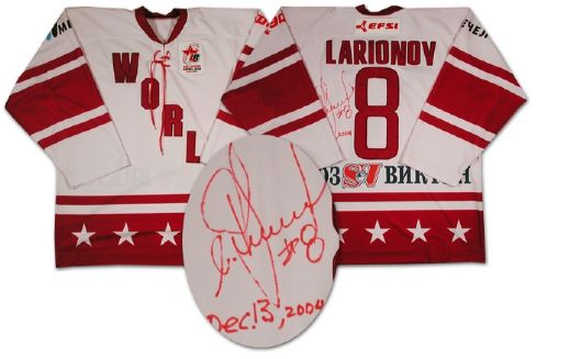 Igor Larionovs Autographed Game Worn Team World Jersey from the Igor Larionov Farewell Game