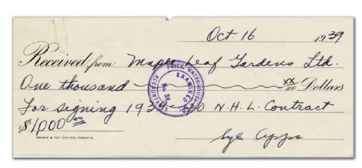 1939 Syl Apps Signed MLG Receipt For His $1000 Signing Bonus!