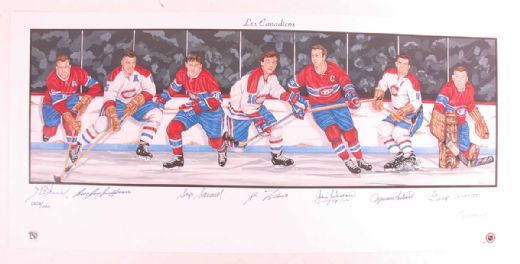 Montreal Canadiens Lithograph Autographed by 7 Including Rocket Richard (18” x 39”)