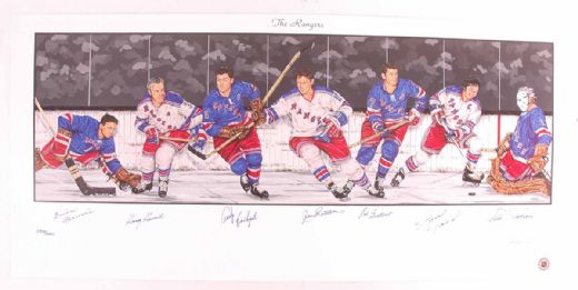 New York Rangers Lithograph Autographed by 7 HOFers (18” x 39”)