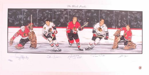 Chicago Black Hawks Lithograph Autographed by 5 HOFers (18” x 39”)