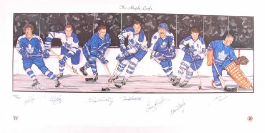 Toronto Maple Leafs Lithograph Autographed by 7 HOFers (18” x 39”)