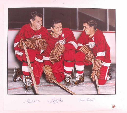 Detroit Red Wings Production Line Lithograph Autographed by Howe, Abel & Lindsay (27” x 29”)