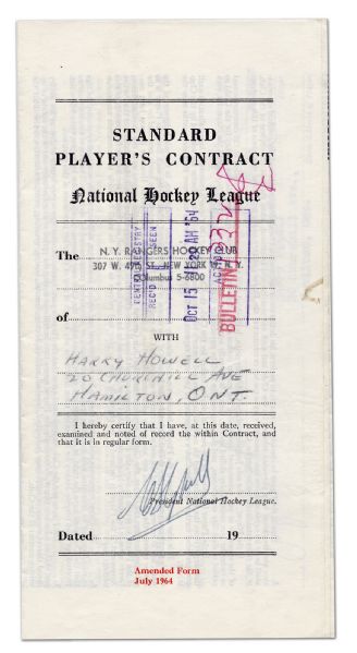 Harry Howell’s 1964-65 New York Rangers Contract