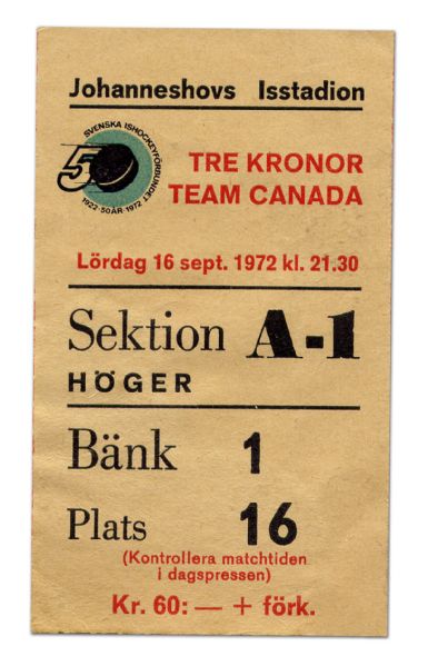 Rare 1972 Team Canada vs. Sweden Exhibition Game Ticket Stub