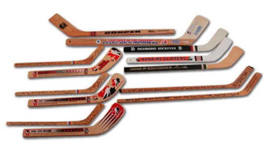 Promotional Miniature Hockey Stick Collection of 13 and 1987 Canada Cup Souvenir Plate