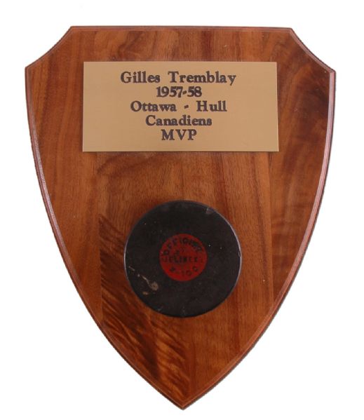 Gilles Tremblay’s 1957-58 Ottawa-Hull Canadiens Commemorative MVP Plaque