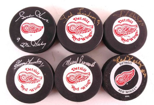 Detroit Red Wings Hall of Fame Autographed Puck Collection of 6