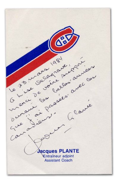Jacques Plante Autographed Canadiens Postcard with Handwritten Note