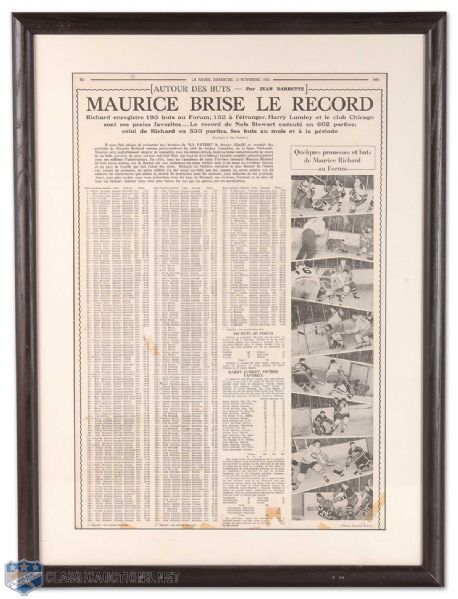 Maurice Richards 1952 325-Goals RecordFramed Display