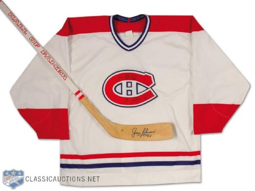 Jean Beliveau Autographed Canadiens Jersey & Hall of Fame Stick
