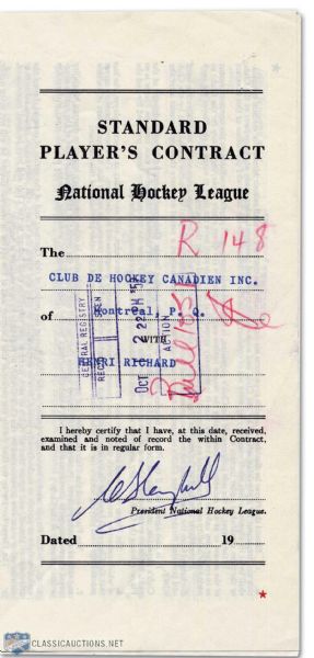 Henri Richards 1957-58 Montreal Canadiens Contract