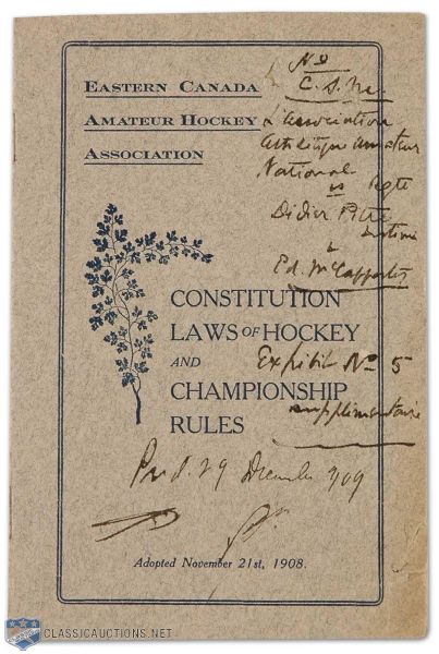 1908-09 ECAHA Constitution & Rule Bookwith Original Montreal Canadiens Content!