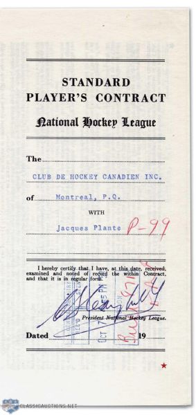 Jacques Plantes 1953-54 Montreal Canadiens Rookie Contract