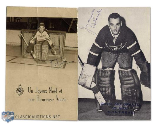 Rare Jacques Plante Autographed Quebec Citadels Christmas Card & Autographed Canadiens Postcard