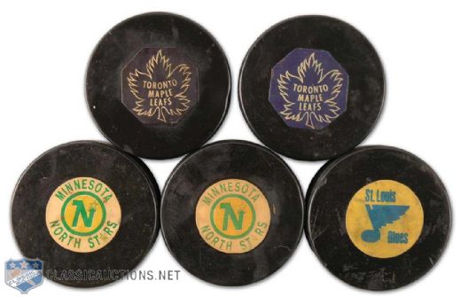 Late-1960s Converse NHL Game Used Puck Collection of 5, Including 1967-68 Minnesota North Stars Patent Number Puck
