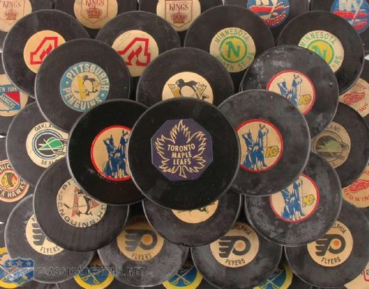 Late-1960s and 1970s Converse Official NHL Game Puck Collection of 44