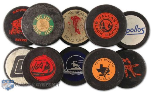 1960s and 1970s CHL and WCHL Puck Collection of 10