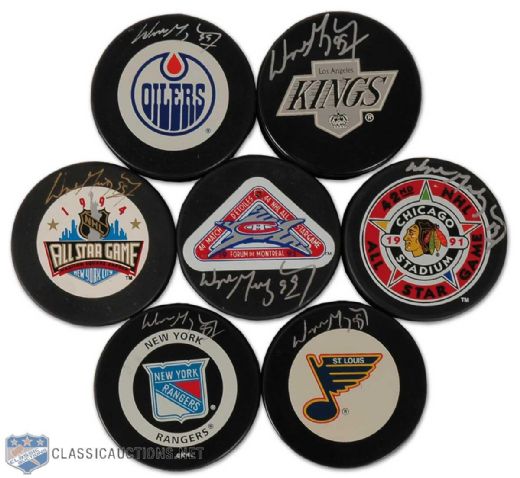 Wayne Gretzky Autographed Game Puck Collection of 7