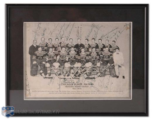 Framed Team Autographed 1933-34 Stanley Cup Champions Chicago Black Hawks Photo, Including Gardiner