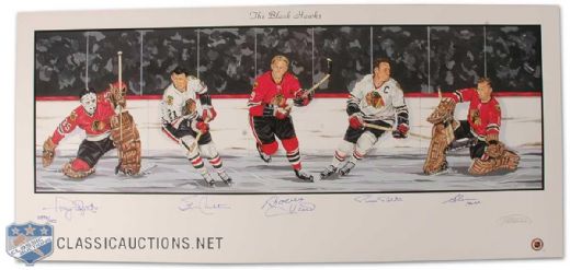 Chicago Black Hawks Lithograph Autographed by 5 HOFers (18 x 39)